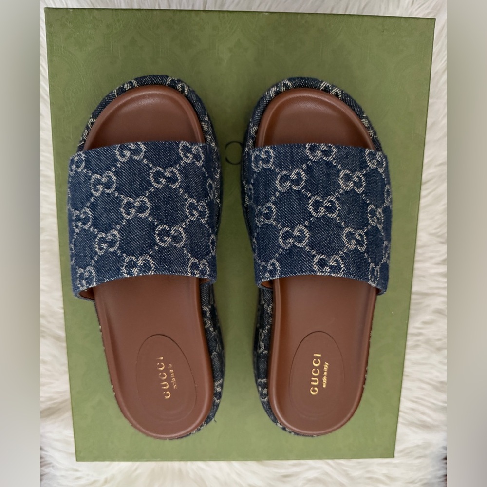 Gucci Denim Angelina Platform Slide Sandals Size 36
